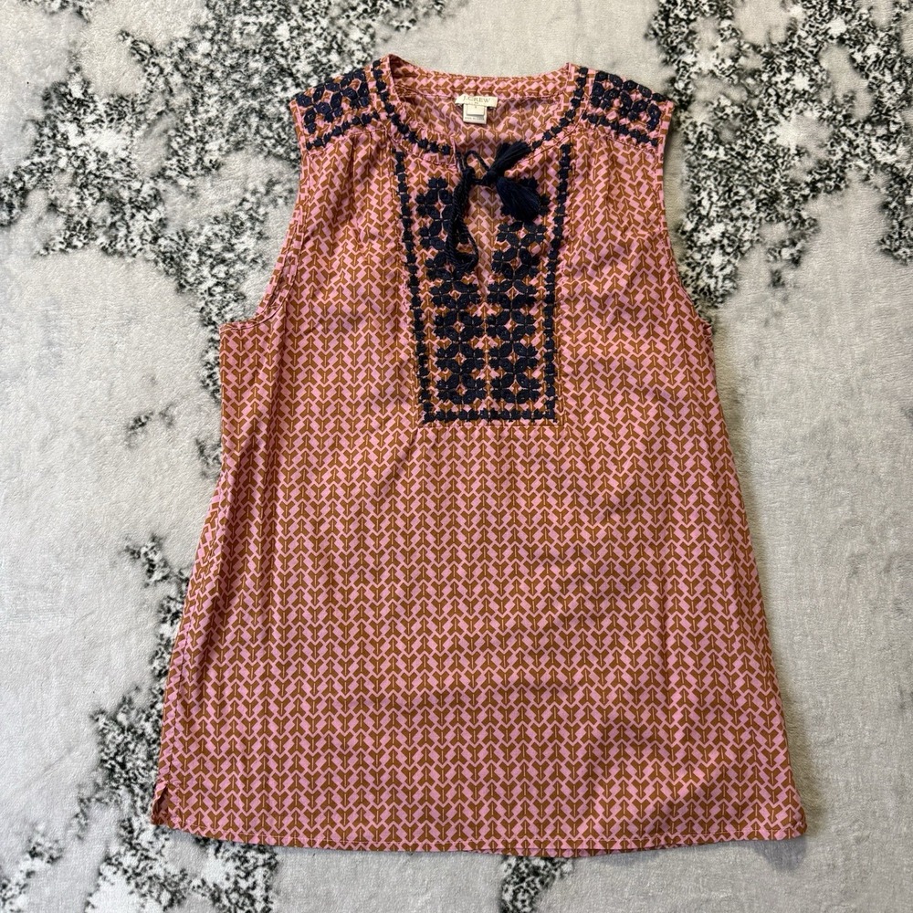 J Crew Top Womens Size 2 Pink Multi Arrow Print Embroidered V Neck Tassel Tank